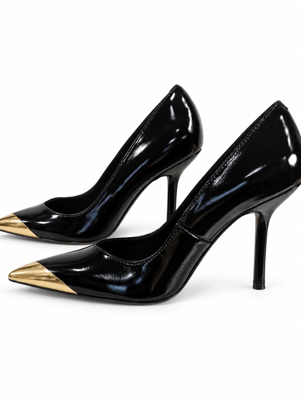 Kurt Geiger Regent Point Court Pumps US 8 Black Patent Gold Cap Toe Heels